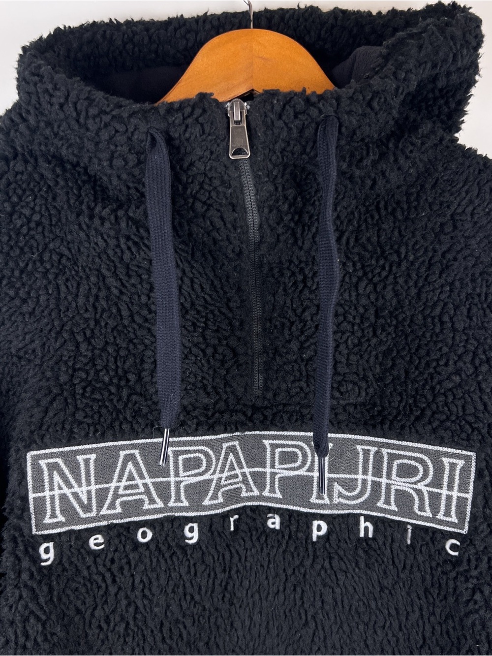 Napapijri Mens Large Black Sherpa Half-Zip Pullover with Logo